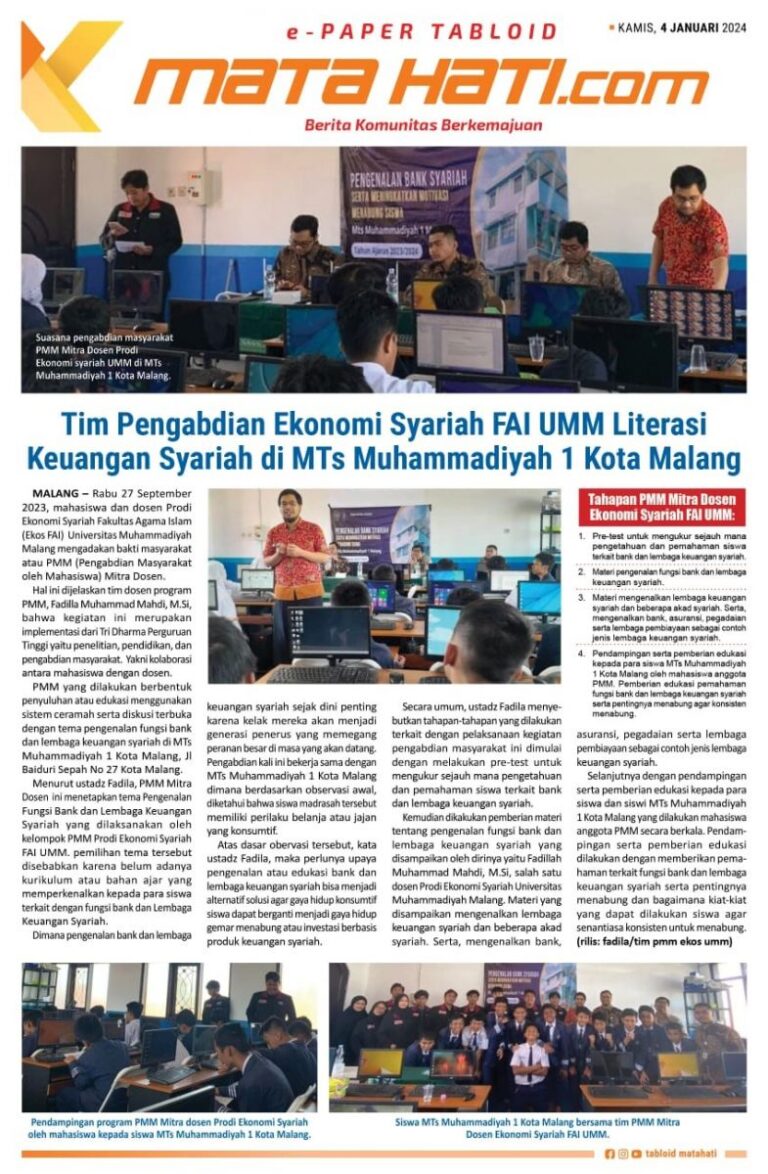 Dosen Ekonomi Syariah UMM Pengabdian di MTs Muhammadiyah 1 Kota Malang Mungusung Tema: Literasi Keuangan Syariah