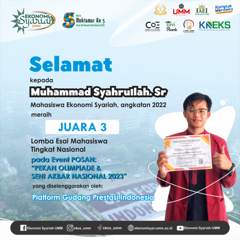 Juara 3 Lomba Essay Mahasiswa Tingkat Nasional diraih Mahasiswa Prodi Ekonomi Syariah UMM